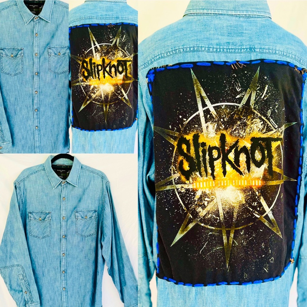 CONCERT TEE SHIRT—SLIPKNOT—CUSTOM DESIGN 🤘🏼 ON XL MENS JEAN SHIRT AWESOME 🤘🏼